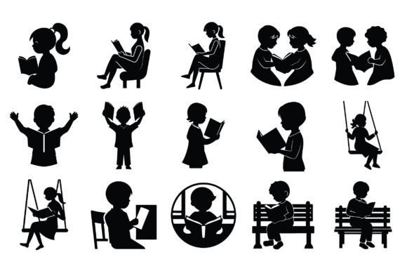 A Child Reading Book Silhouette Vector 2