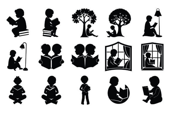 A Child Reading Book Silhouette Vector 3